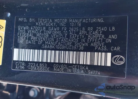 2017 Lexus Es 350 from USA, damaged, VIN 58ABK1GG9HU039738